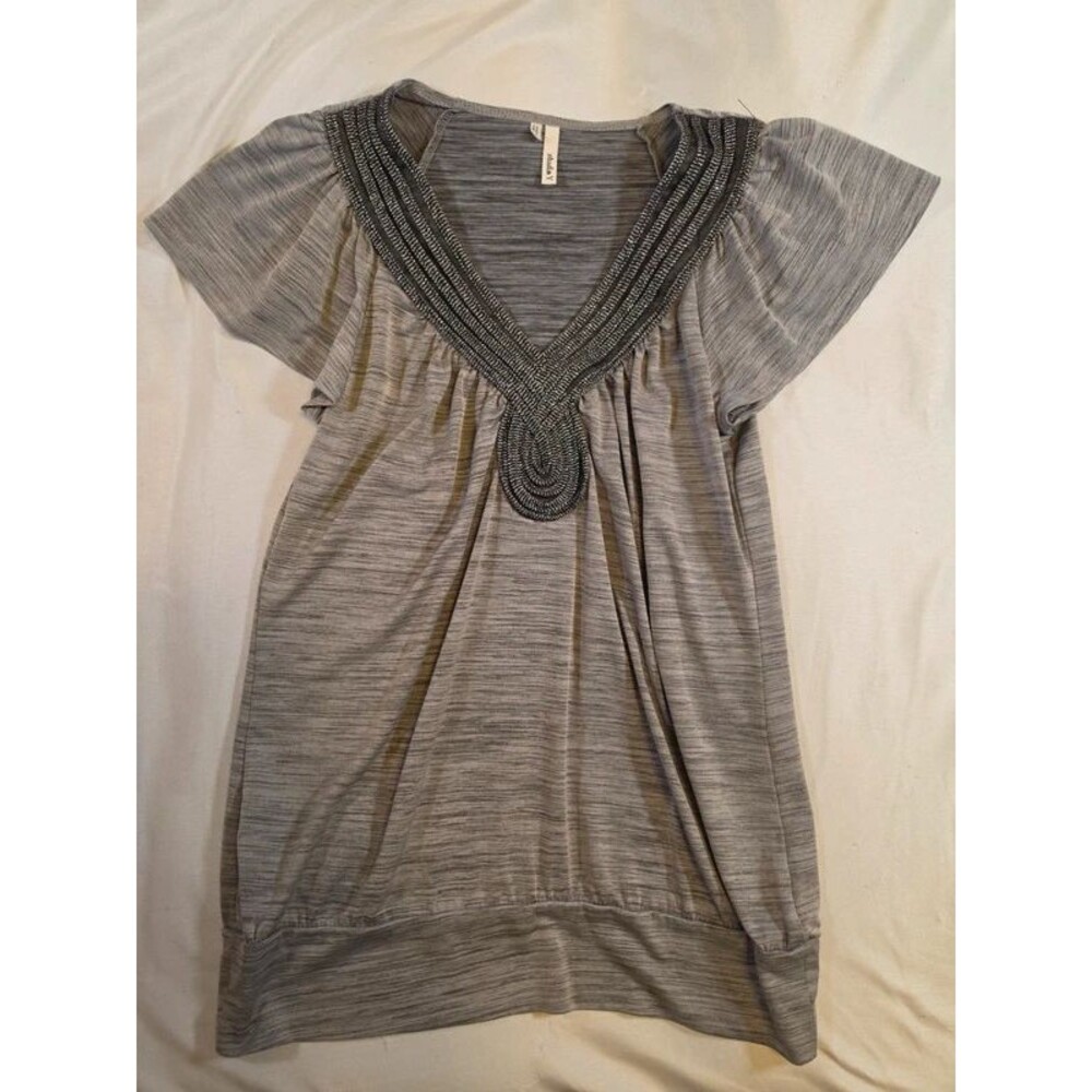 Studio Y Heathered Grey Beaded V-Neck Tunic Top Y2K Boho Chic - Size Small